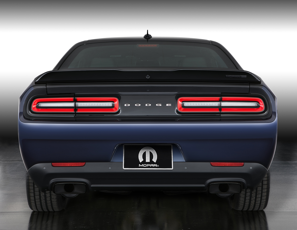 The rear decklid spoiler of the Mopar â€™17 Dodge Challenger rec