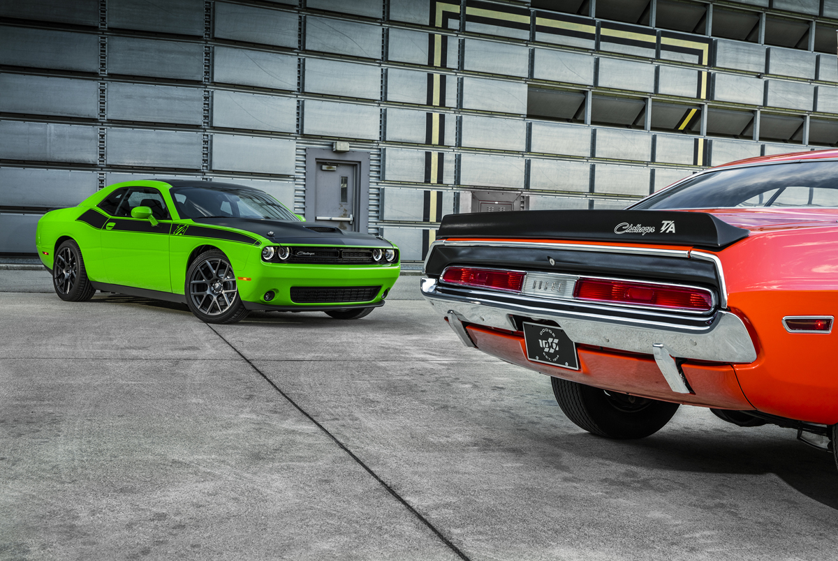 2017 Dodge Challenger T/A (left) and 1970 Dodge Challenger T/A (