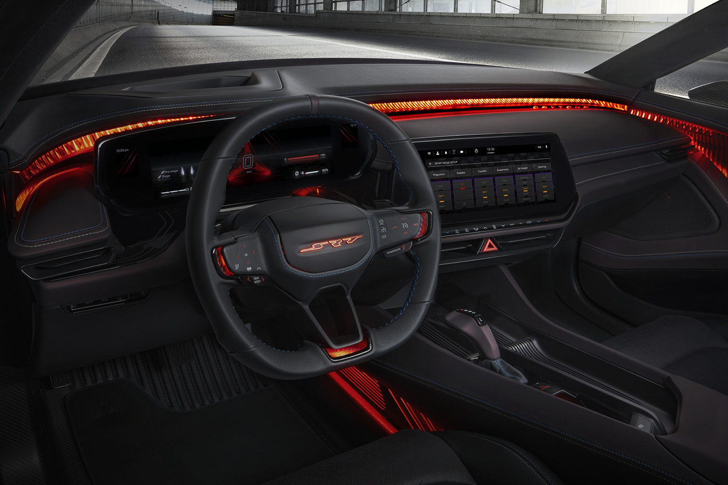 A new steering wheel design for the Dodge Charger Daytona SRT Concept offers a thinner feel, with a flat top and bottom, and an illuminated red SRT logo lights up the steering wheel center.