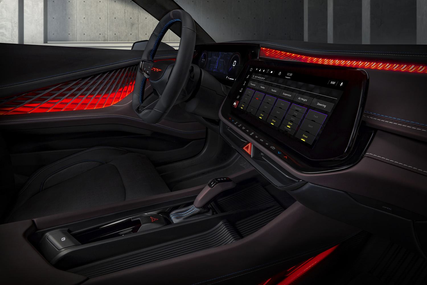 The Dodge Charger Daytona SRT Concept’s ambient Attitude Adjustment Lighting™ illuminates the interior’s parametric texture from below, playing with depth and dimension.